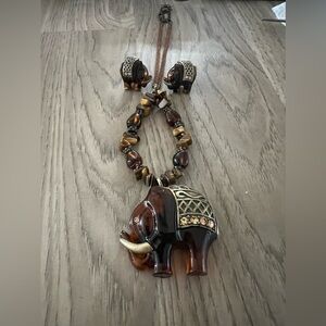 Vintage Amber Lucite Elephant Pendant Tiger Eye Beaded Necklace and Earrings Set